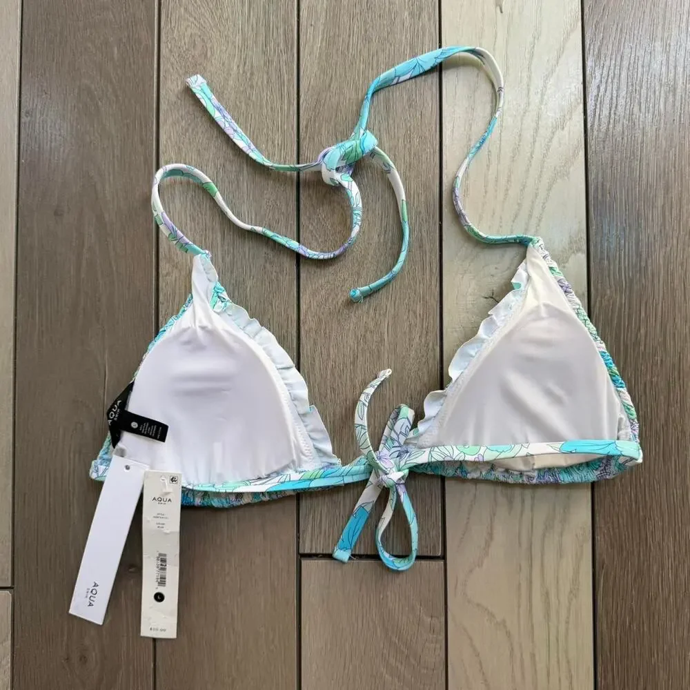 AQUA Smocked Triangle Bikini Top NWT Blue Floral L